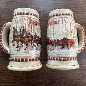 2 Vintage 1981 Budweiser Holiday Steins with Clydesdales